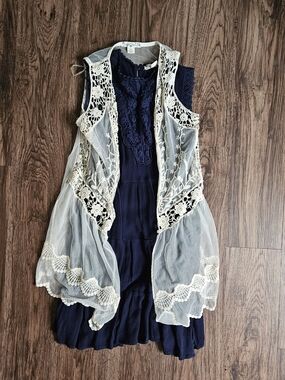 Girls Size 14 Navy Dress with Cream Lace Sleeveless Cardigan